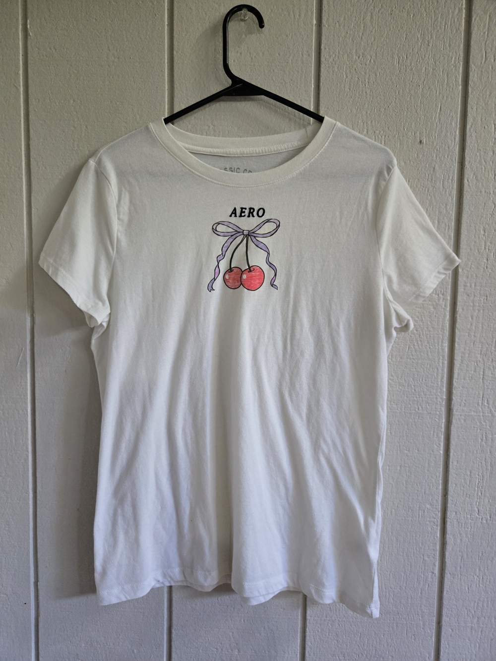 Juniors Aeropostale White Tee with Cherry & Purple Bow Graphic